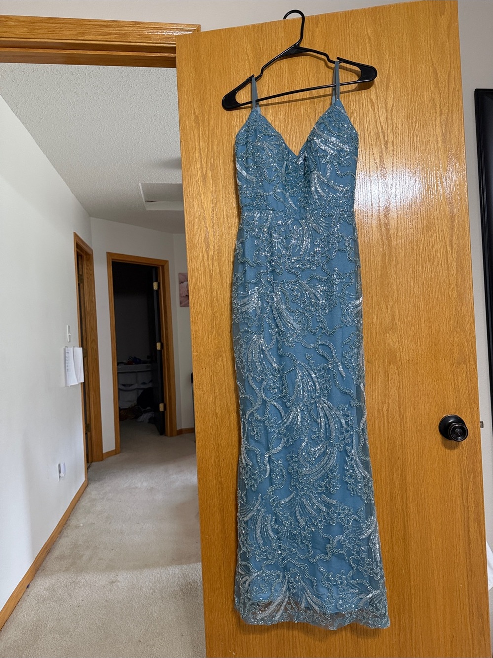 Beaded Teal Evening Gown - Women's Dress